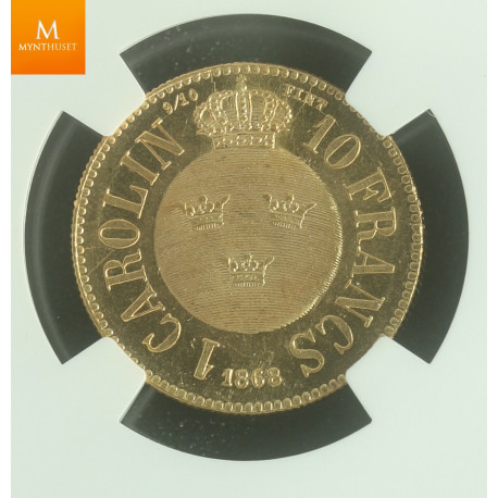SWEDEN Karl XV 10 Francs / 1 Carolin 1868 Stockholm kvalitet 0/01, NPC MS63 PL