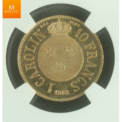 SWEDEN Karl XV 10 Francs / 1 Carolin 1868 Stockholm kvalitet 0/01, NPC MS63 PL