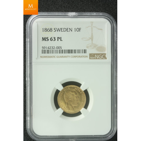 SWEDEN Karl XV 10 Francs / 1 Carolin 1868 Stockholm kvalitet 0/01, NPC MS63 PL