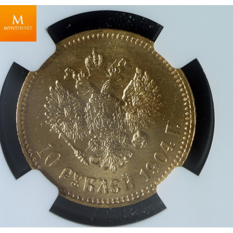 Russia 10 Roubles 1904 AP kvalitet 0/01, NGC MS64+