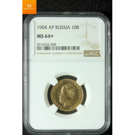 Russia 10 Roubles 1904 AP kvalitet 0/01, NGC MS64+