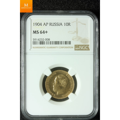 Russia 10 Roubles 1904 AP kvalitet 0/01, NGC MS64+