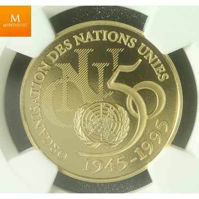 France 5 francs 1995 gold United Nations kvalitet proof, NGC PF70 UCAM lavt opplag!