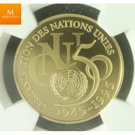 France 5 francs 1995 gold United Nations kvalitet proof, NGC PF70 UCAM lavt opplag!