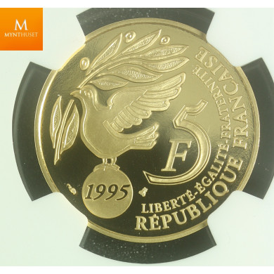 France 5 francs 1995 gold United Nations kvalitet proof, NGC PF70 UCAM lavt opplag!