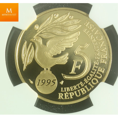 France 5 francs 1995 gold United Nations kvalitet proof, NGC PF70 UCAM lavt opplag!