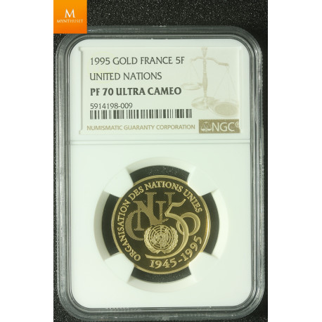 France 5 francs 1995 gold United Nations kvalitet proof, NGC PF70 UCAM lavt opplag!