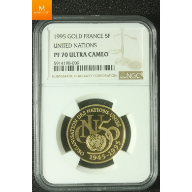 France 5 francs 1995 gold United Nations kvalitet proof, NGC PF70 UCAM lavt opplag!