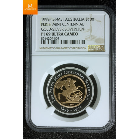 Australia 1999P Bi Metallic Silver and Gold 100 dollar Perth Mint Centennial Kvalitet proof, NGC PF 69 UC