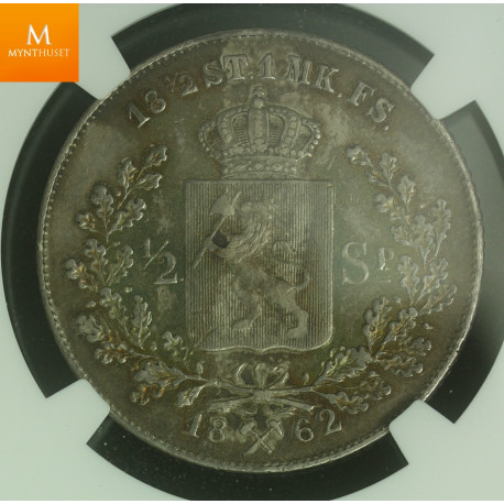 1/2 Speciedaler 1862 kvalitet 1+ , NGC AU53