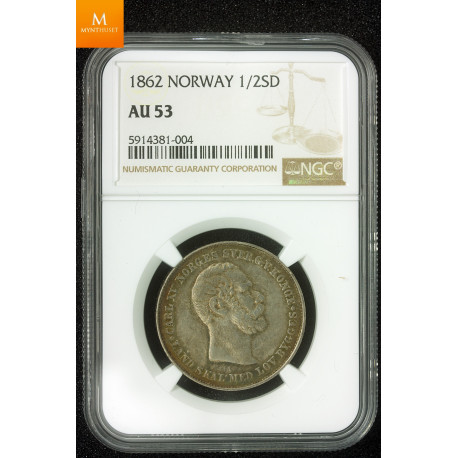 1/2 Speciedaler 1862 kvalitet 1+ , NGC AU53