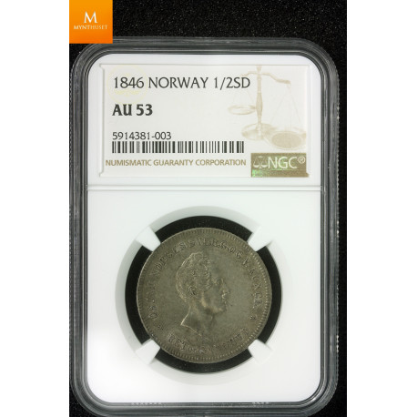 1/2 speciedaler 1846 kvalitet 1+ , NGC AU53
