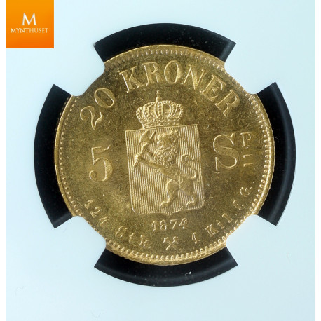 20 kroner/ 5 sp 1874 kvalitet 0/01 NGC MS64