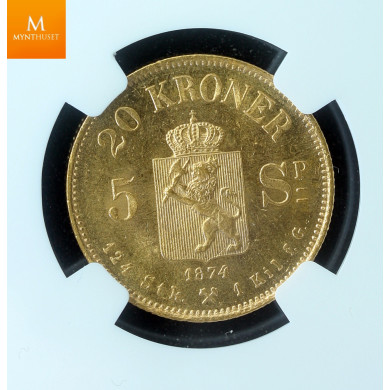 20 kroner/ 5 sp 1874 kvalitet 0/01 NGC MS64