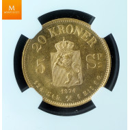 20 kroner/ 5 sp 1874 kvalitet 0/01 NGC MS64