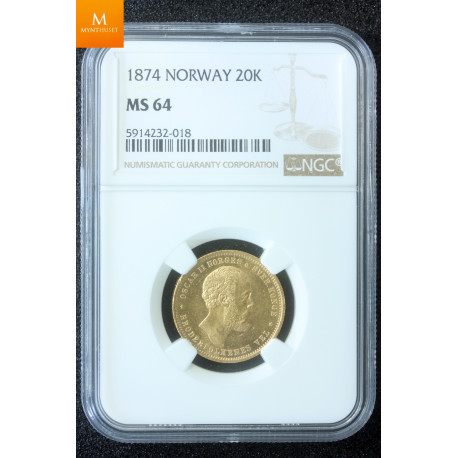 20 kroner/ 5 sp 1874 kvalitet 0/01 NGC MS64