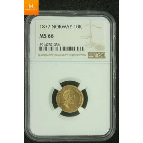 10 kroner 1877 kvalitet meget pen 0/01, NGC MS66