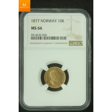 10 kroner 1877 kvalitet meget pen 0/01, NGC MS66