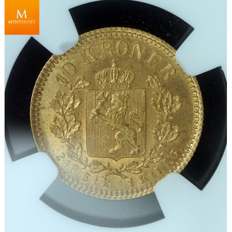 10 kroner 1877 kvalitet meget pen 0/01, NGC MS66