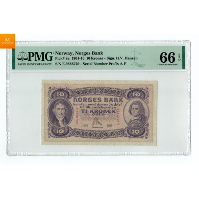10 kroner 1916 F kvalitet 0, PMG MS66 EPQ SS-seddel