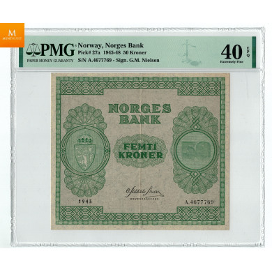 50 kroner 1945 A 3 utgave i kvalitet 1+, PMG EF40 EPQ EPQ