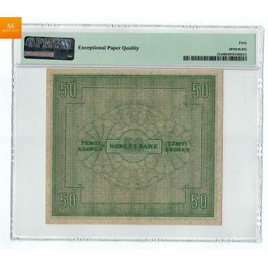 50 kroner 1945 A 3 utgave i kvalitet 1+, PMG EF40 EPQ EPQ