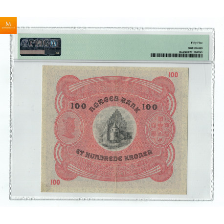 100 Kroner 1915 A nydelig 2 utgave i kvalitet 1+/01 PMG AU55 SSS seddel