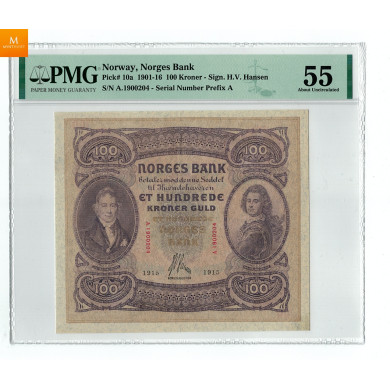100 Kroner 1915 A nydelig 2 utgave i kvalitet 1+/01 PMG AU55 SSS seddel