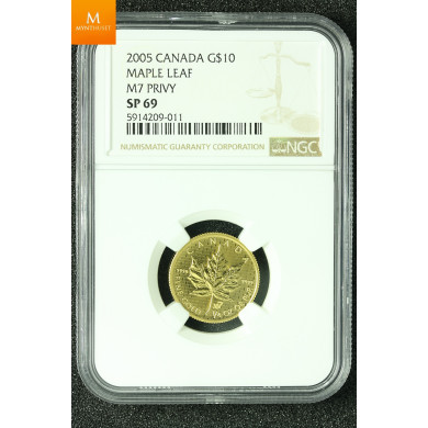 Canada 2005 GOLD 10 dollar Maple Leaf M7 Privy kvalitet Proof like NGC SP69