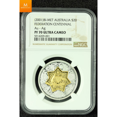 AUSTRALIA 2001 20 DOLLARS GOLD/SILVER PROOF COIN - CENTENARY OF FEDERATION NGC PF70 UCAM