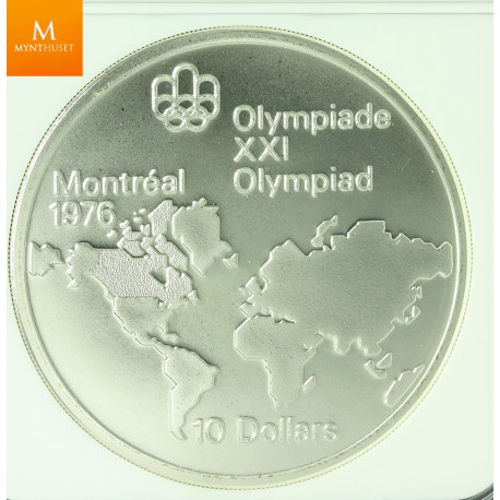 CANADA MONTREAL OLYMPICS 1974 SILVER 10 DOLLAR WORLD MAP REVERSE OF 19173 MULE kvalitet 0, NGC MS68