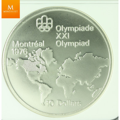 CANADA MONTREAL OLYMPICS 1974 SILVER 10 DOLLAR WORLD MAP REVERSE OF 19173 MULE kvalitet 0, NGC MS68