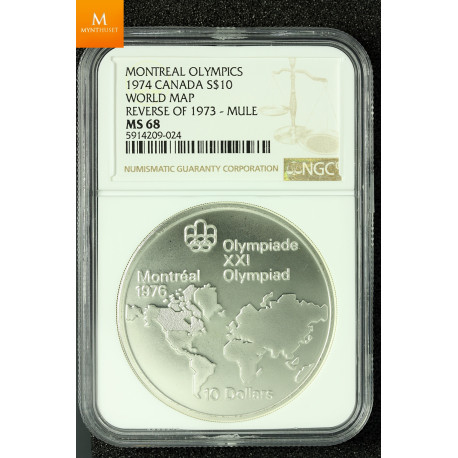 CANADA MONTREAL OLYMPICS 1974 SILVER 10 DOLLAR WORLD MAP REVERSE OF 19173 MULE kvalitet 0, NGC MS68