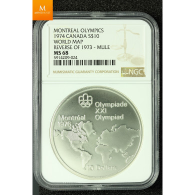 CANADA MONTREAL OLYMPICS 1974 SILVER 10 DOLLAR WORLD MAP REVERSE OF 19173 MULE kvalitet 0, NGC MS68