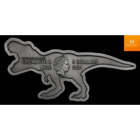 NIUE 2021 2 OZ SØLV «JURASSIC WORLD T-REX» ANTIQUE FINISH M/ETUI & COA