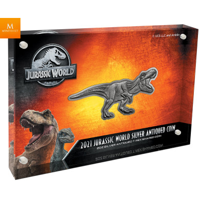 NIUE 2021 2 OZ SØLV «JURASSIC WORLD T-REX» ANTIQUE FINISH M/ETUI & COA