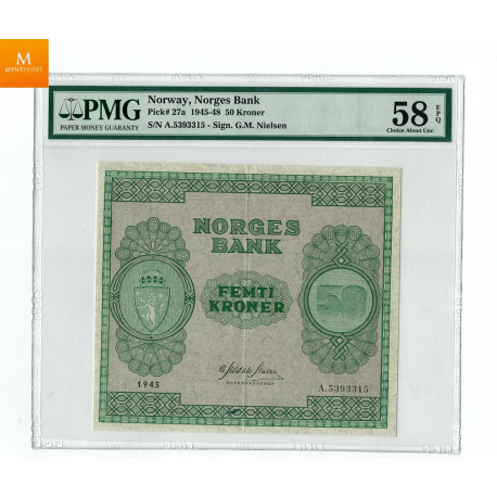50 krone 1945 A kvalitet 01, PMG AU58 EPQ