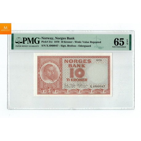 10 kroner 1970 X.4960947, kvalitet 0 , PMG MS65 EPQ