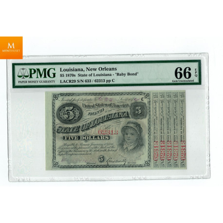 USA Louisiana, New Orleans 5 dollar 1870 baby bond med 5 bonds kvalitet 0 , PMG MS66 EPQ