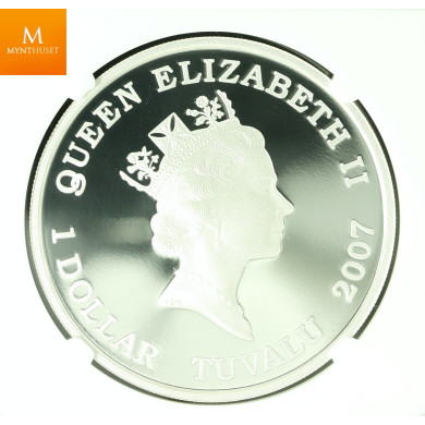 Tuvalu sølv 1 dollar 2007 "USS Missouri" kvalitet proof, NGC PF70