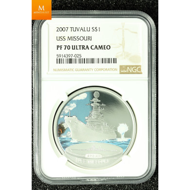 Tuvalu sølv 1 dollar 2007 "USS Missouri" kvalitet proof, NGC PF70