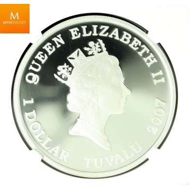 Tuvalu sølv 1 dollar 2007 "USS Missouri" kvalitet proof, NGC PF70