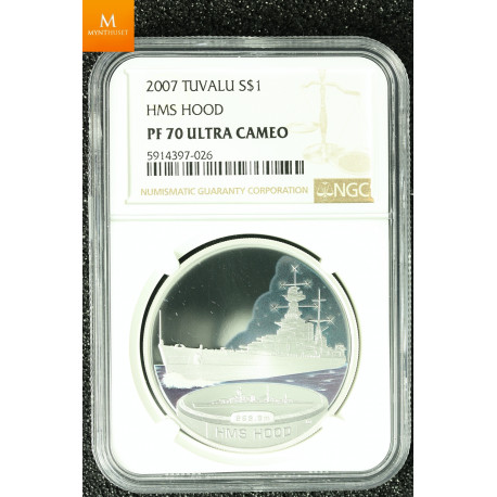 Tuvalu sølv 1 dollar 2007 "USS Missouri" kvalitet proof, NGC PF70
