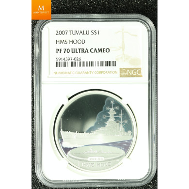 Tuvalu sølv 1 dollar 2007 "USS Missouri" kvalitet proof, NGC PF70