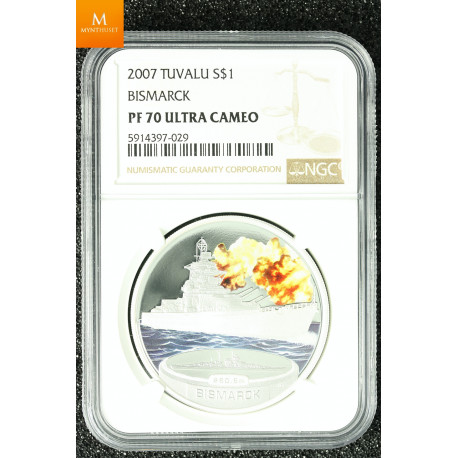 Tuvalu sølv 1 dollar 2007 "USS Missouri" kvalitet proof, NGC PF70