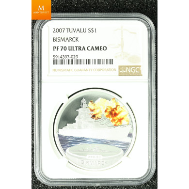 Tuvalu sølv 1 dollar 2007 "USS Missouri" kvalitet proof, NGC PF70