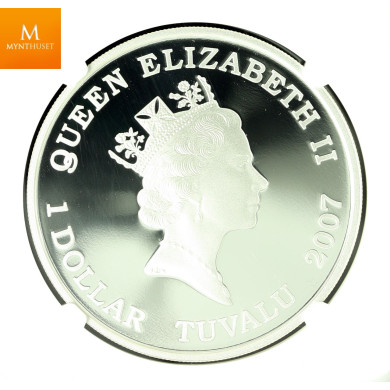 Tuvalu sølv 1 dollar 2007 "USS Missouri" kvalitet proof, NGC PF70