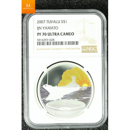 Tuvalu sølv 1 dollar 2007 "USS Missouri" kvalitet proof, NGC PF70