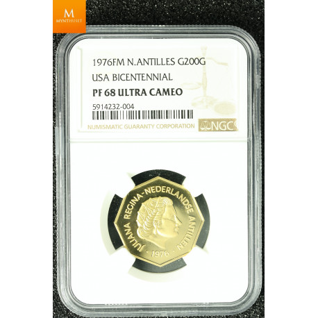 NETHERLAND ANTILLES 1976 200 GULDEN NGC KVALITET PROOF, PROOF 68 UC