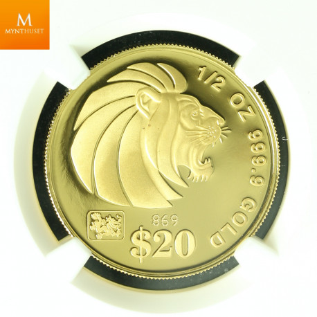 SINGAPORE 2000 GOLD 20 DOLLAR 1/2oz LUNAR YEAR OF THE DRAGON COIN KVALITET PROOF, NGC PF70 ULTRA CAMEO LAVT OPPLAG